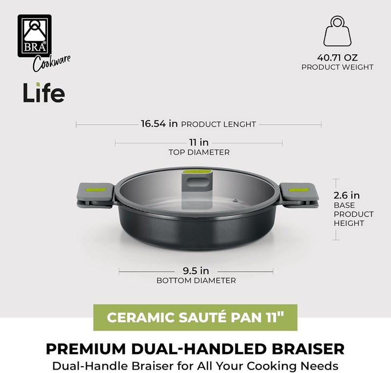 BRA COOKWARE Life Ceramic Nonstick Sauté Pan w/Glass Lid | 11 Inch 2.9 Quart Recycled Aluminum Deep Pan | Dual-Handle Braiser | Ceramic Non-Stick Coating | PFOA Free | All Cooktops & Oven Safe - Image 2